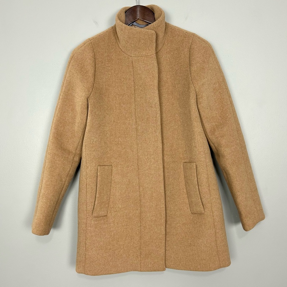 J. Crew Wool City Coat Women’s Size 2 Full Zip Mid Trench Pockets Winter Camel